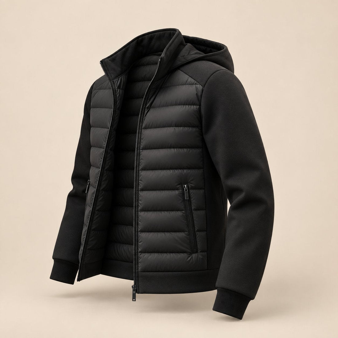 Men's Hooded Down Jacket with Quilted Panels