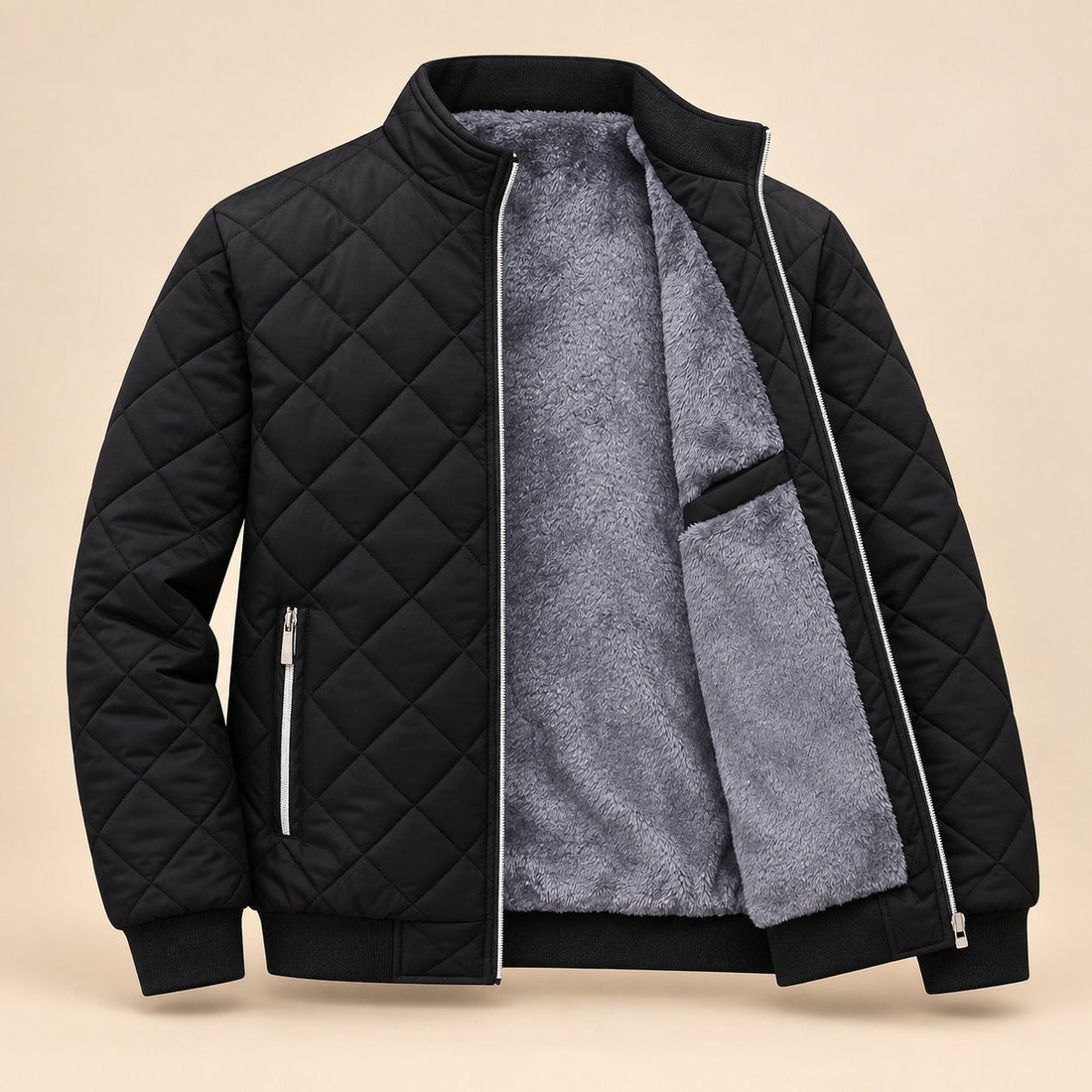 Men's Diamond Quilted Zip-Up Jacket with Stand Collar