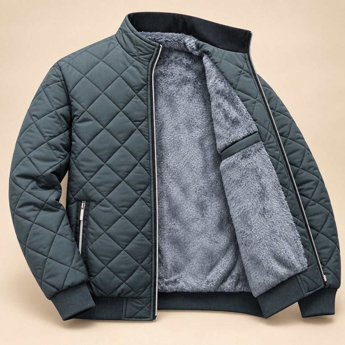 Men's Diamond Quilted Zip-Up Jacket with Stand Collar