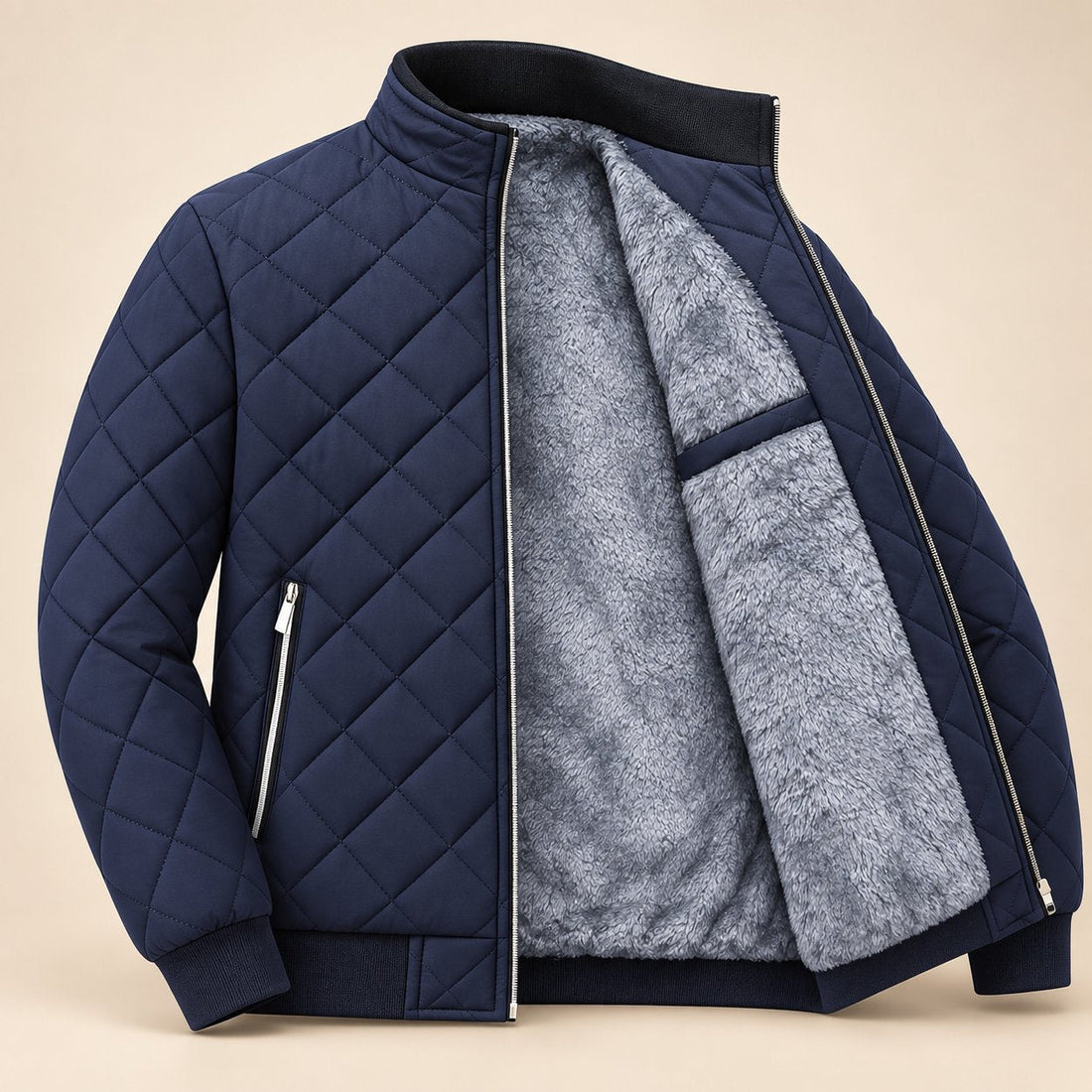Men's Diamond Quilted Zip-Up Jacket with Stand Collar