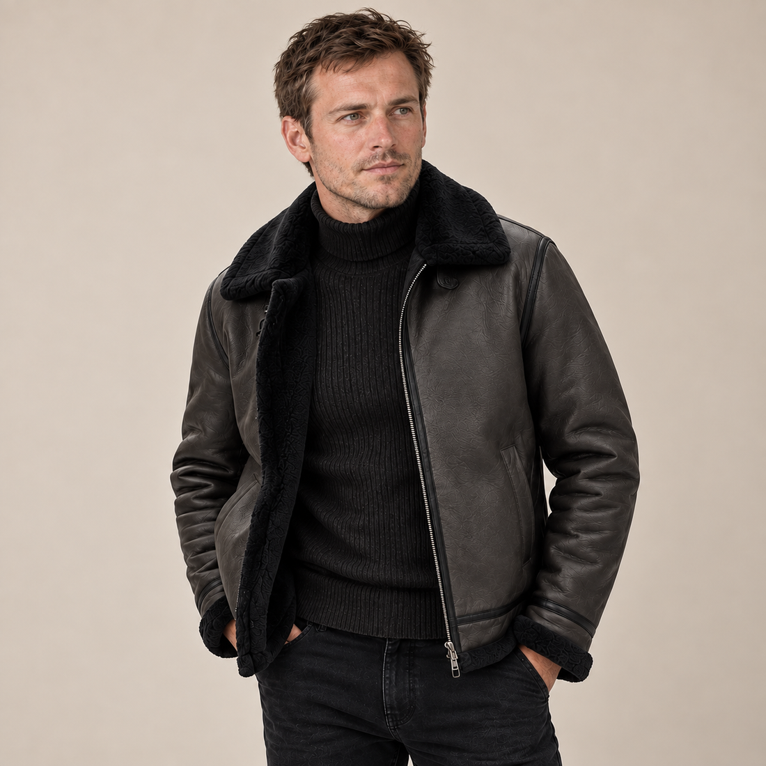 Men's Faux Leather Shearling Aviator Jacket