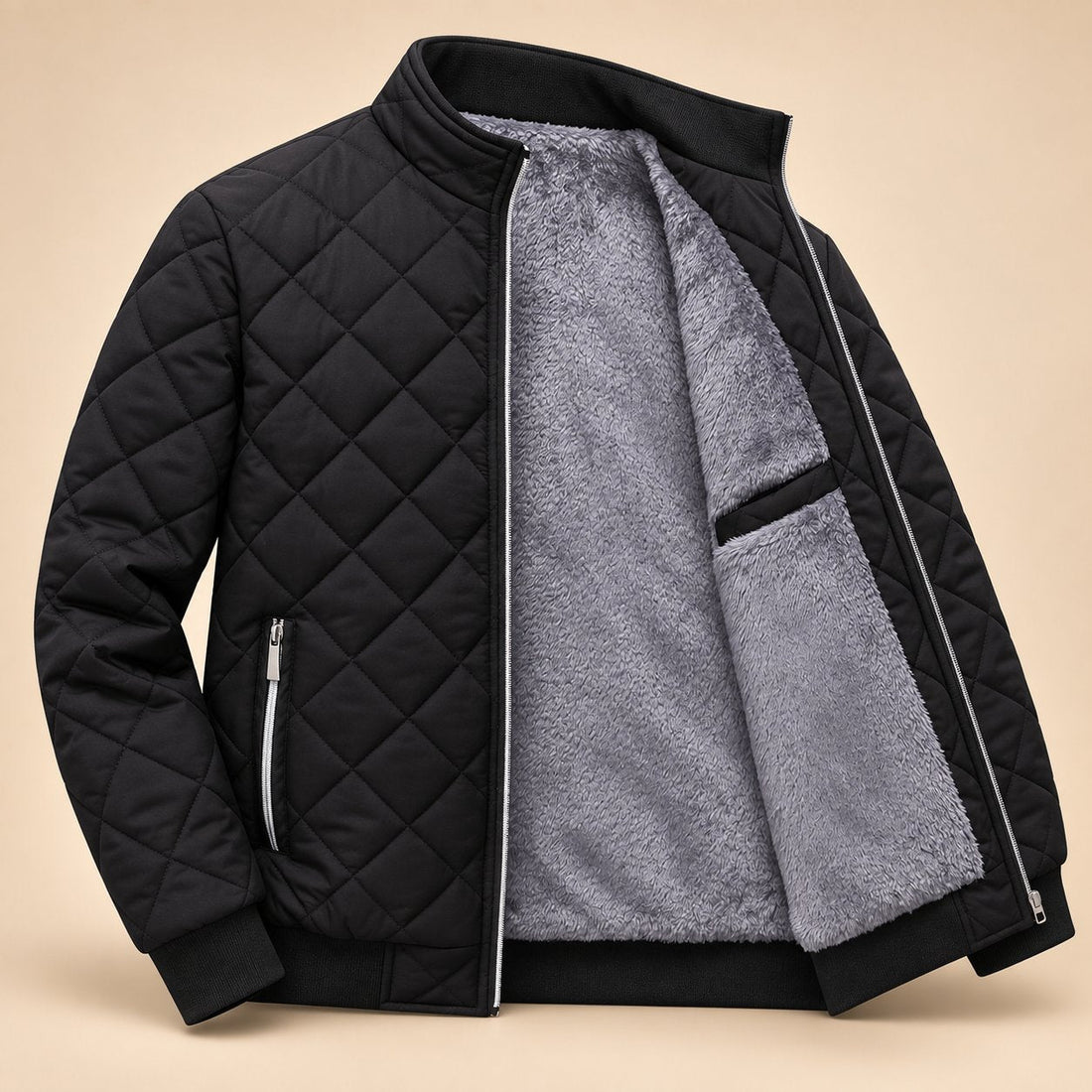 Men's Diamond Quilted Zip-Up Jacket with Stand Collar