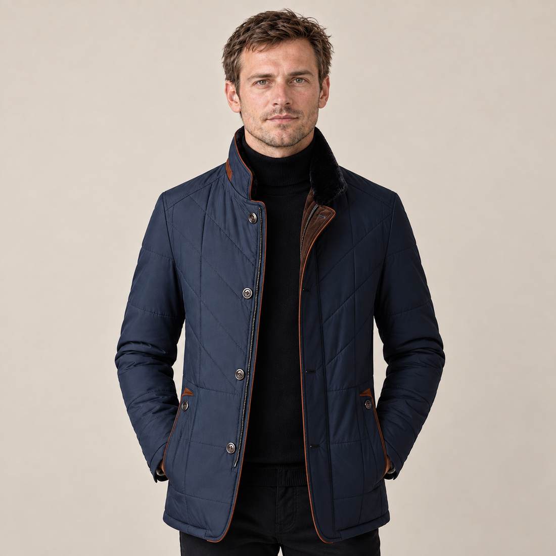Men's Quilted Jacket Stand Collar Zip Up