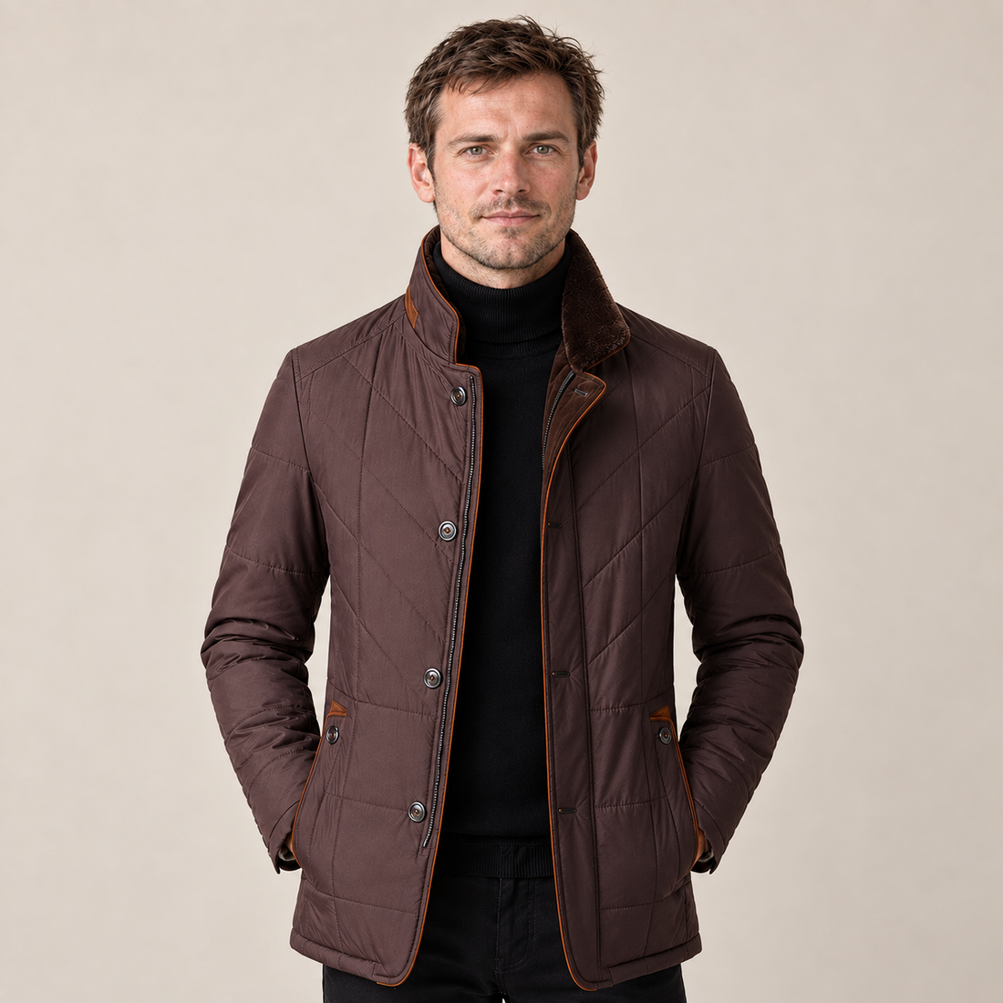 Men's Quilted Jacket Stand Collar Zip Up