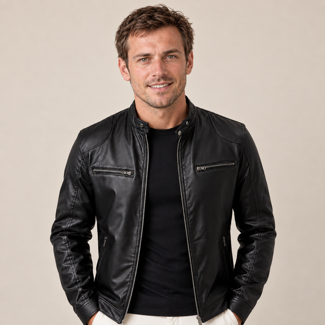 Men's Faux Leather Biker Jacket with Stand Collar