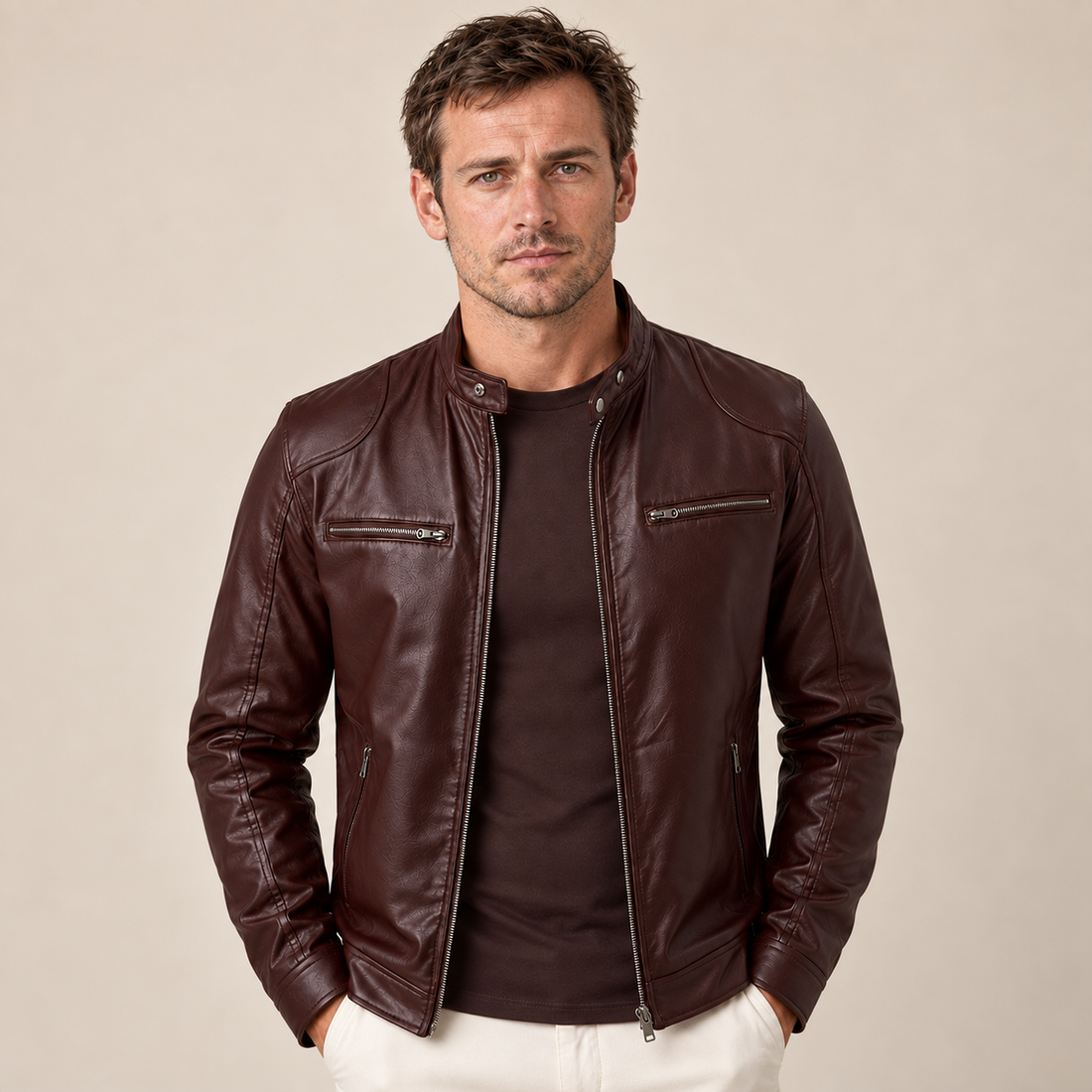 Men's Faux Leather Biker Jacket with Stand Collar