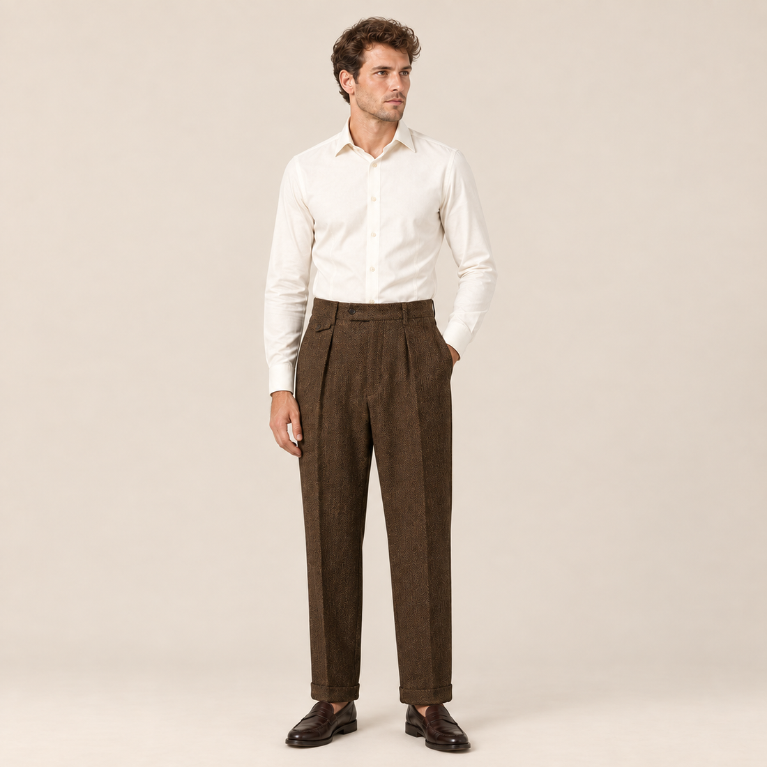 Men's Trousers Herringbone Pleated Straight Leg