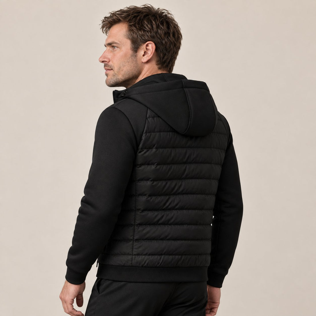 Men's Hooded Down Jacket with Quilted Panels