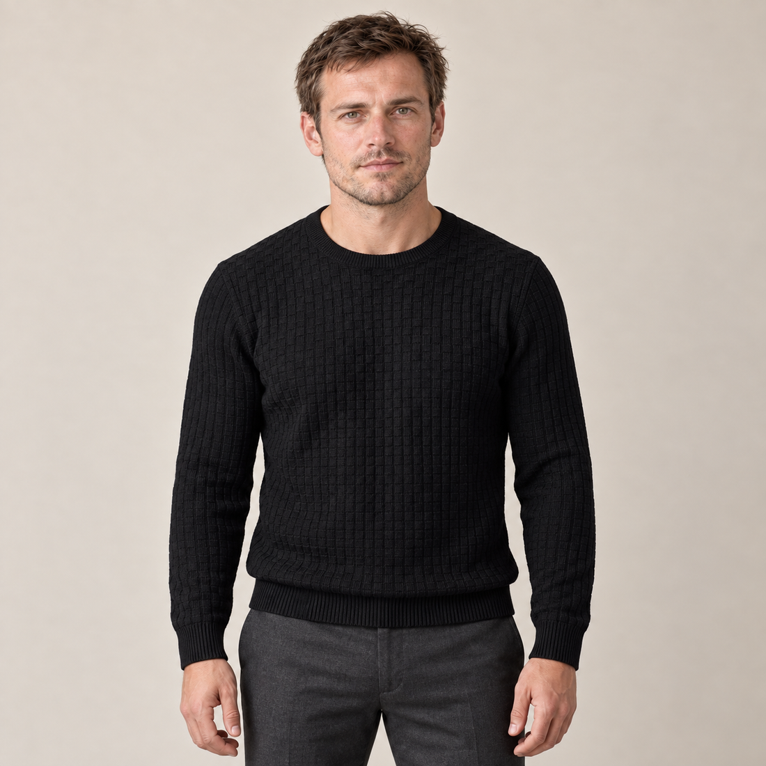 Men's Basketweave Knit Crew Sweater