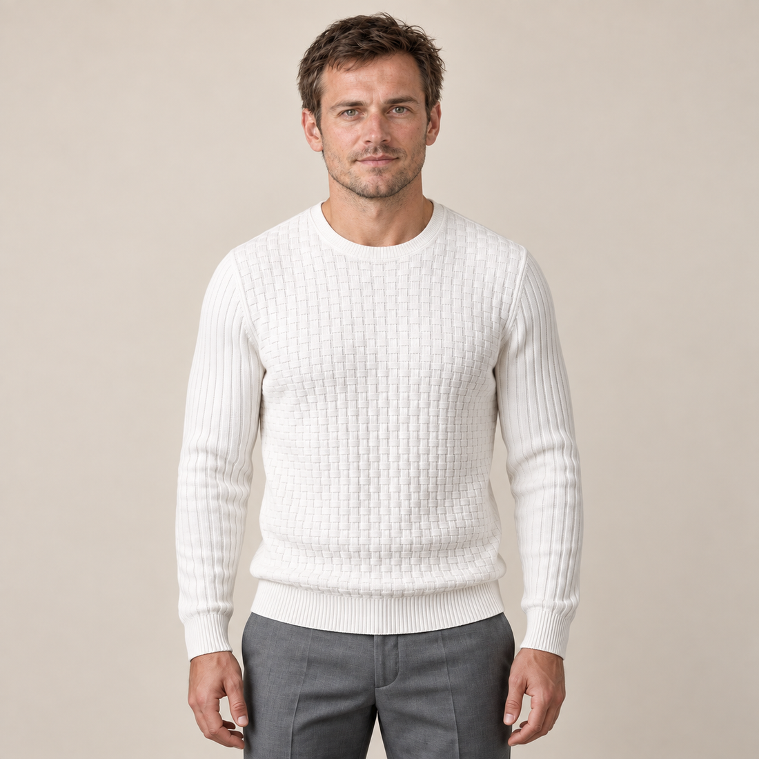 Men's Basketweave Knit Crew Sweater