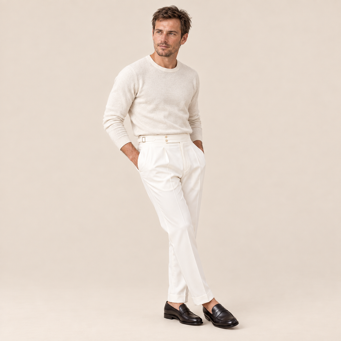 Men's Pleated Tailored Trousers with Turn-Ups