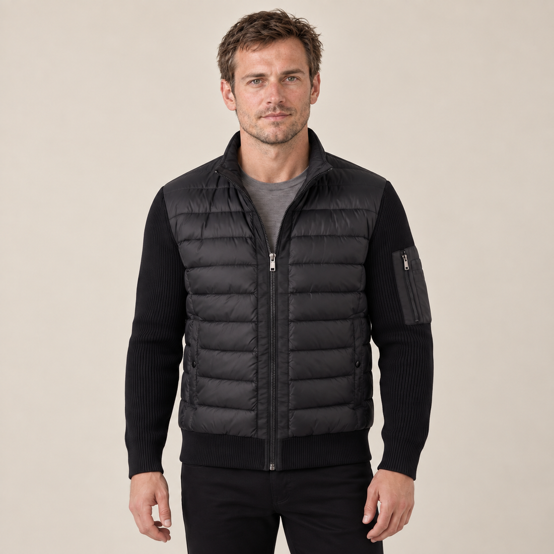 Men's Quilted Hybrid Jacket with Knit Sleeves