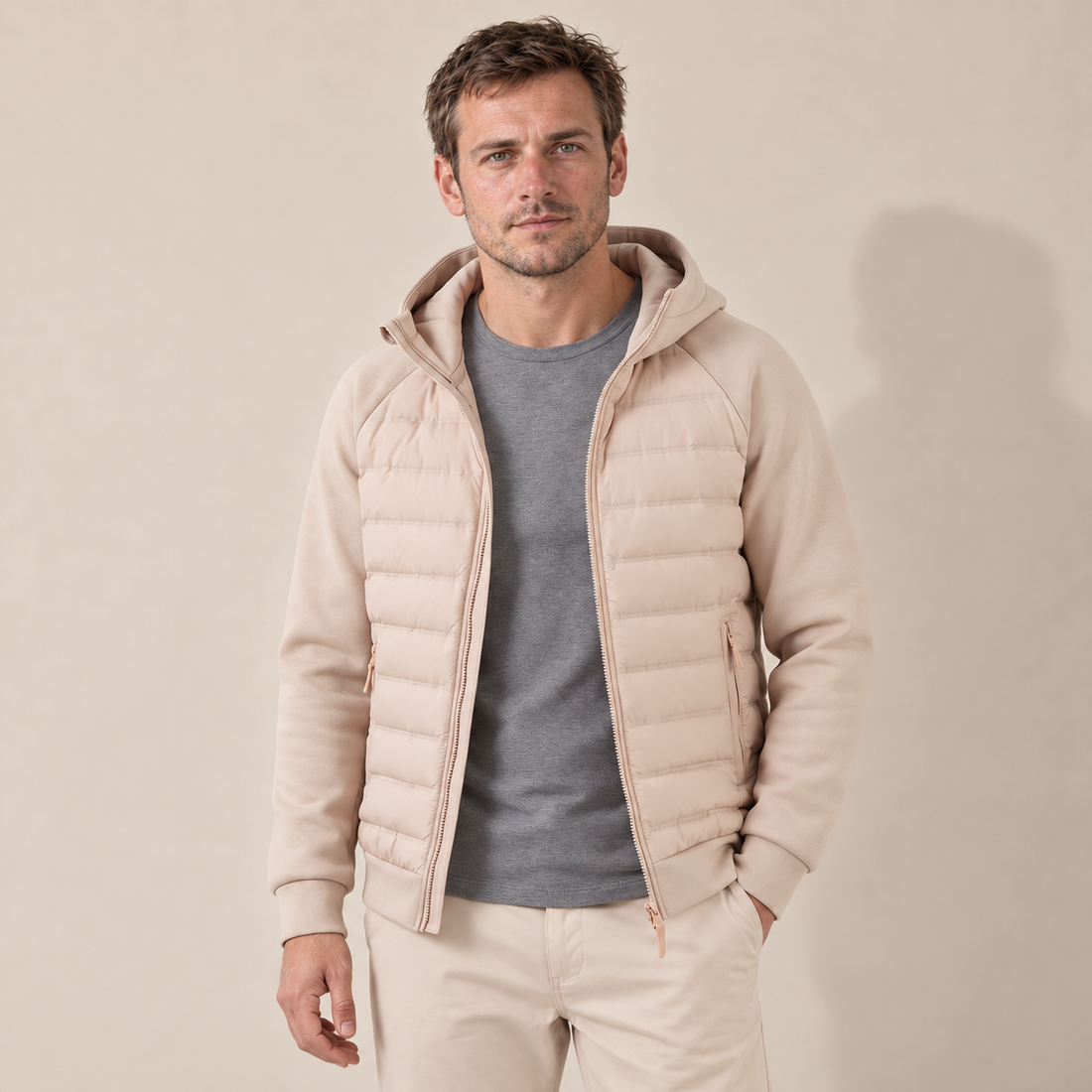 Men's Quilted Hybrid Jacket with Fleece Hood