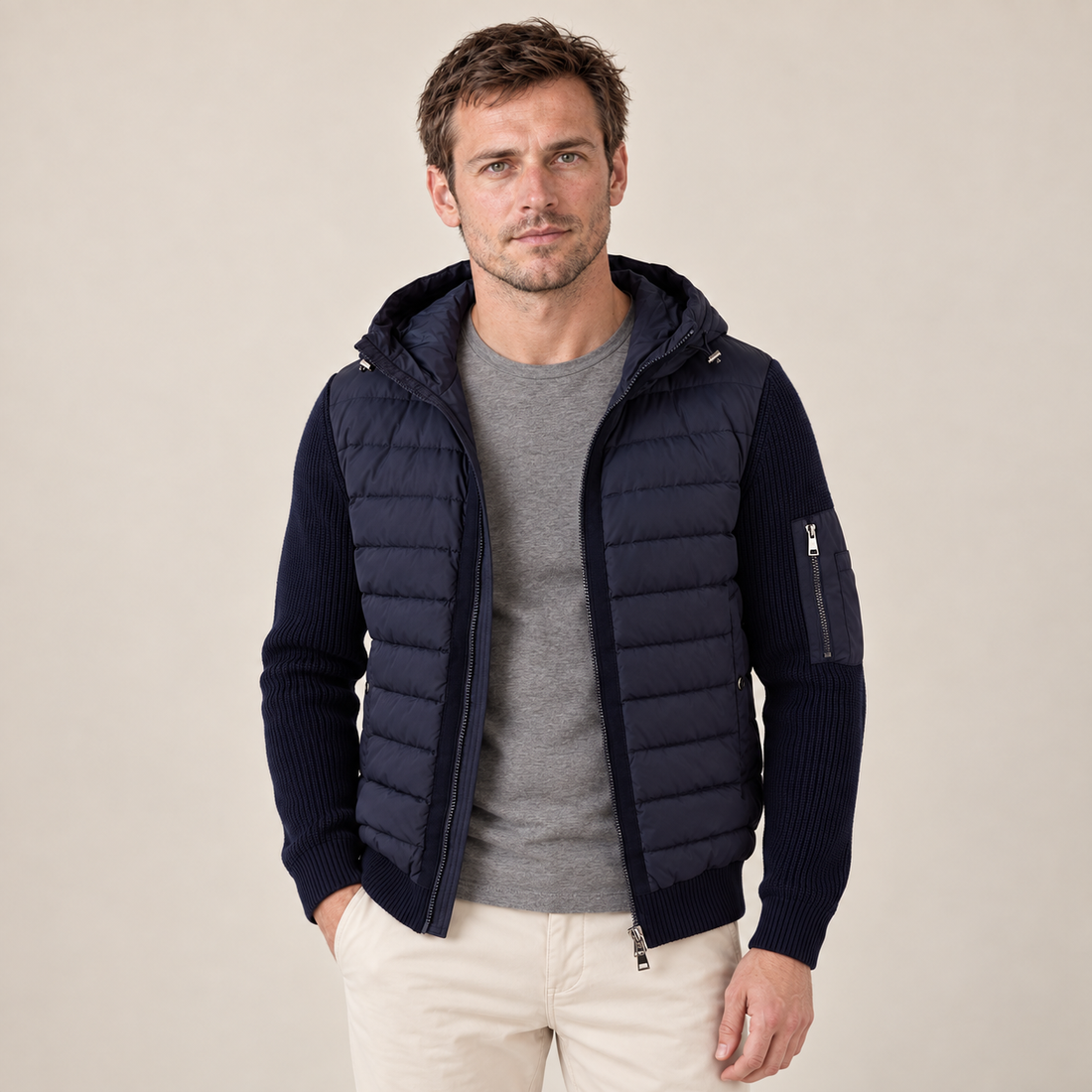 Men's Quilted Hybrid Jacket with Knit Sleeves