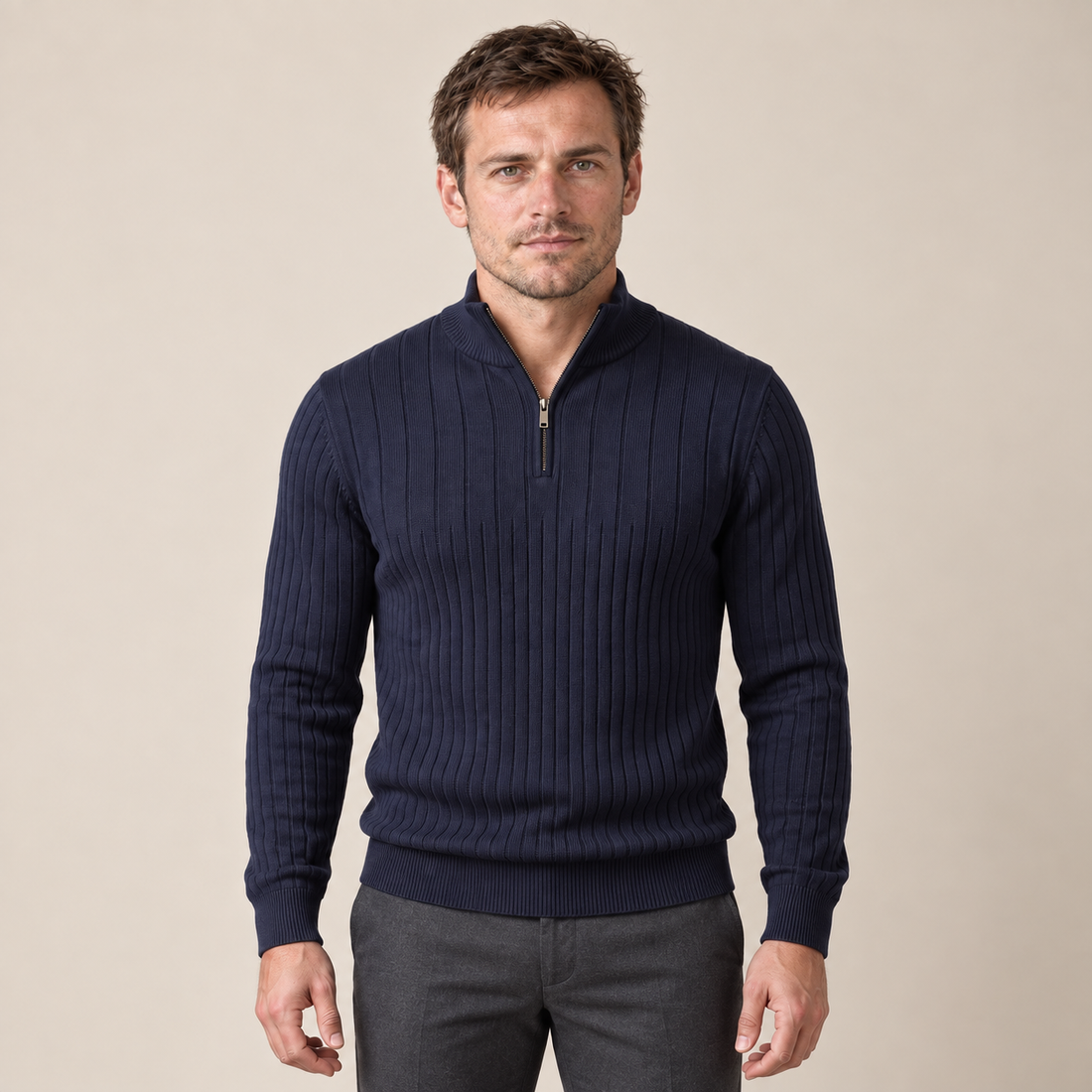 Men's Ribbed Half-Zip Cotton Sweater