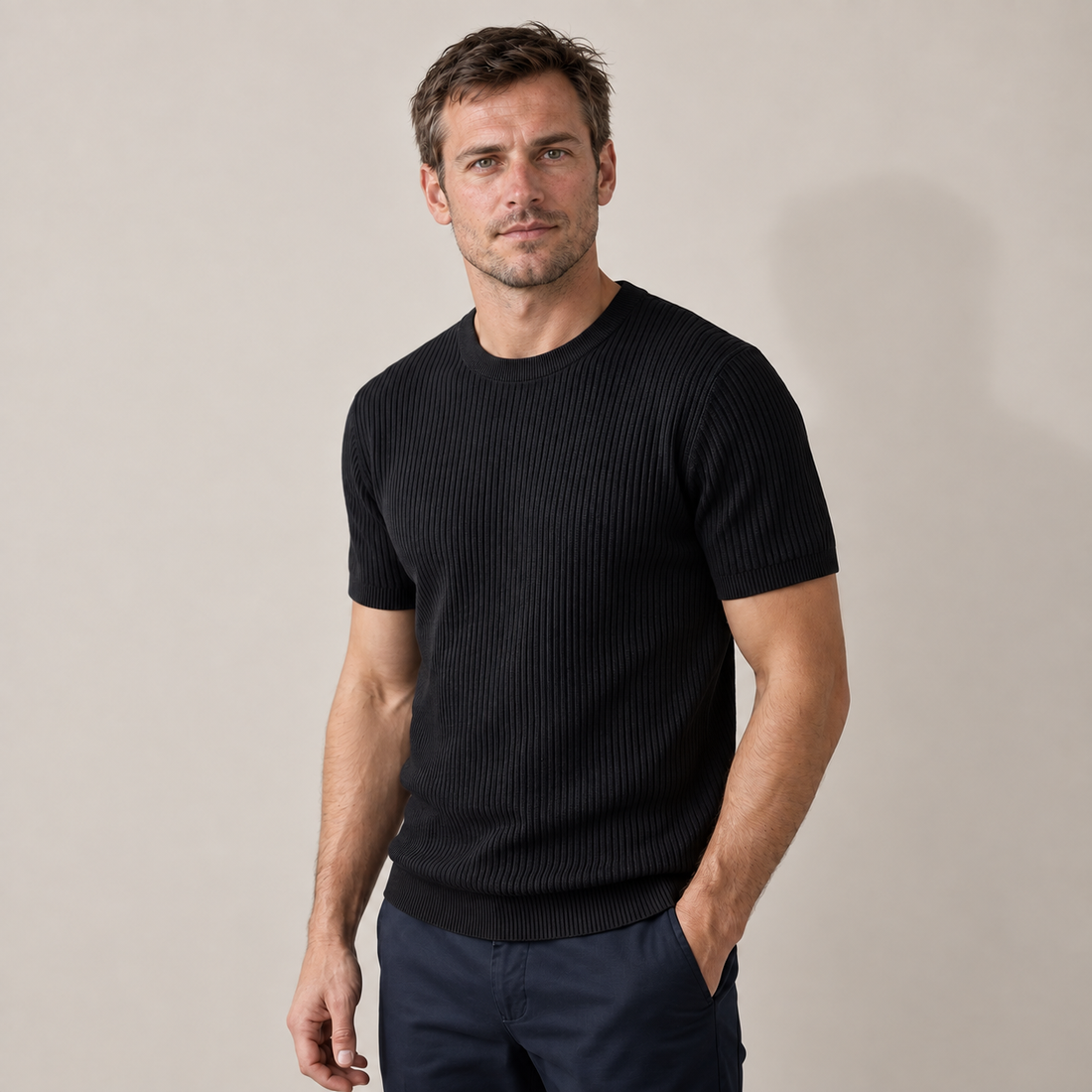 Men's Ribbed Knit Crew Neck T-Shirt