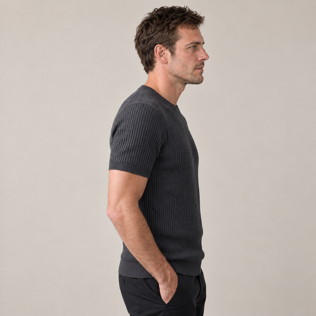 Men's Ribbed Knit Crew Neck T-Shirt
