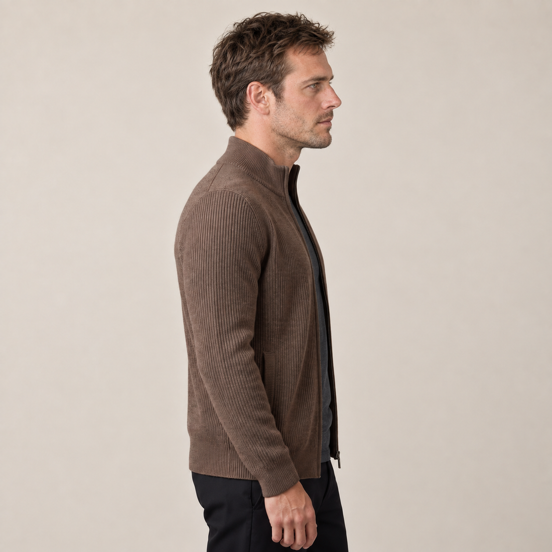 Men's Ribbed Wool Full-Zip Cardigan