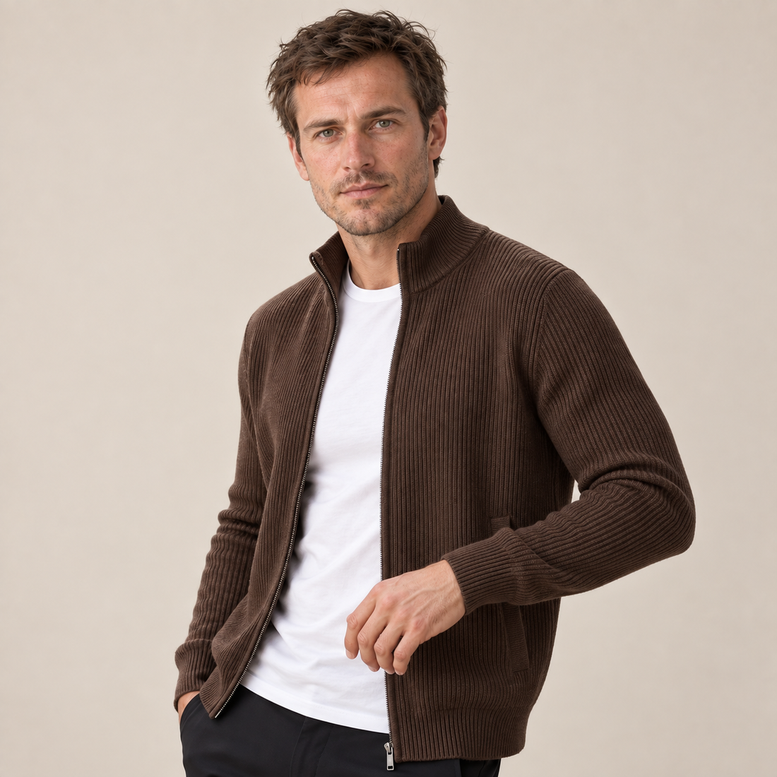 Men's Ribbed Wool Full-Zip Cardigan