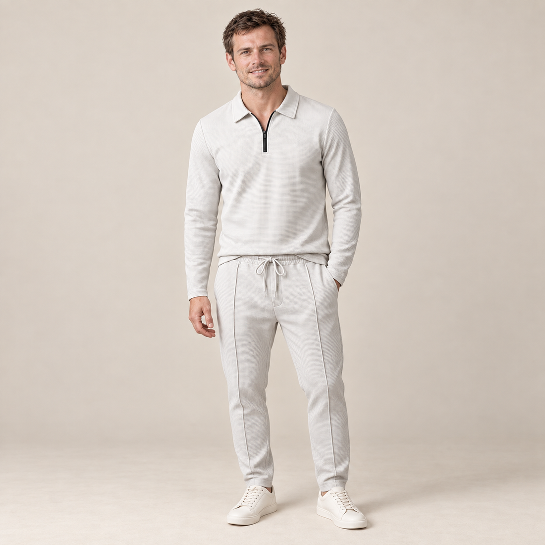 Men's Waffle Knit Quarter-Zip Tracksuit Set