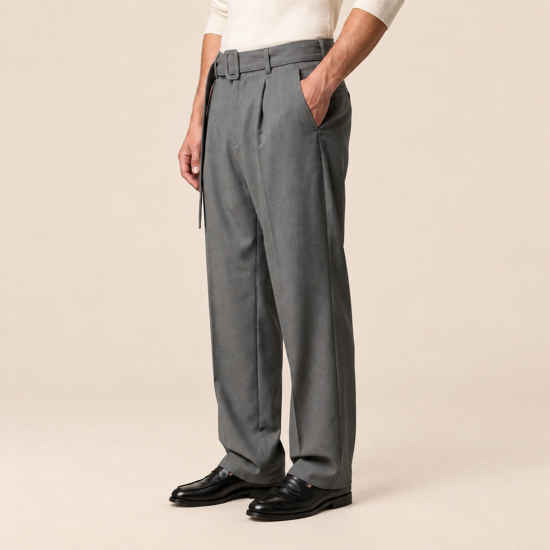 Men's Wide-Leg Belted Tailored Trousers