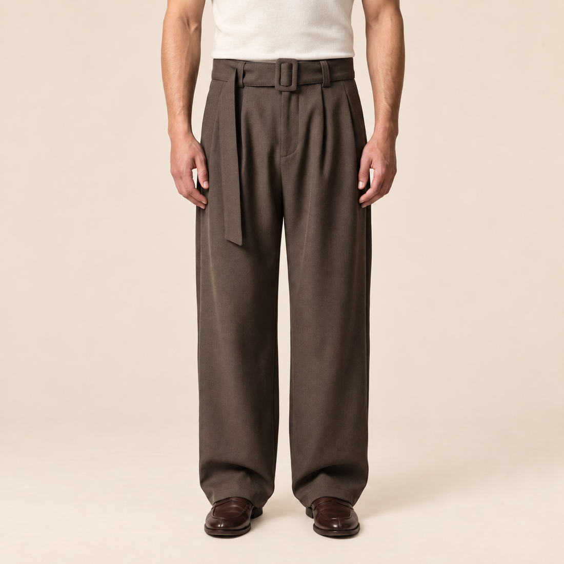 Men's Wide-Leg Belted Tailored Trousers