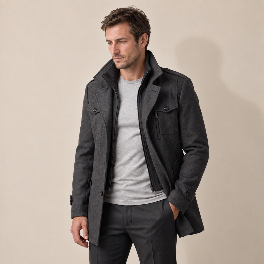 Men's Wool Stand-Collar Overcoat