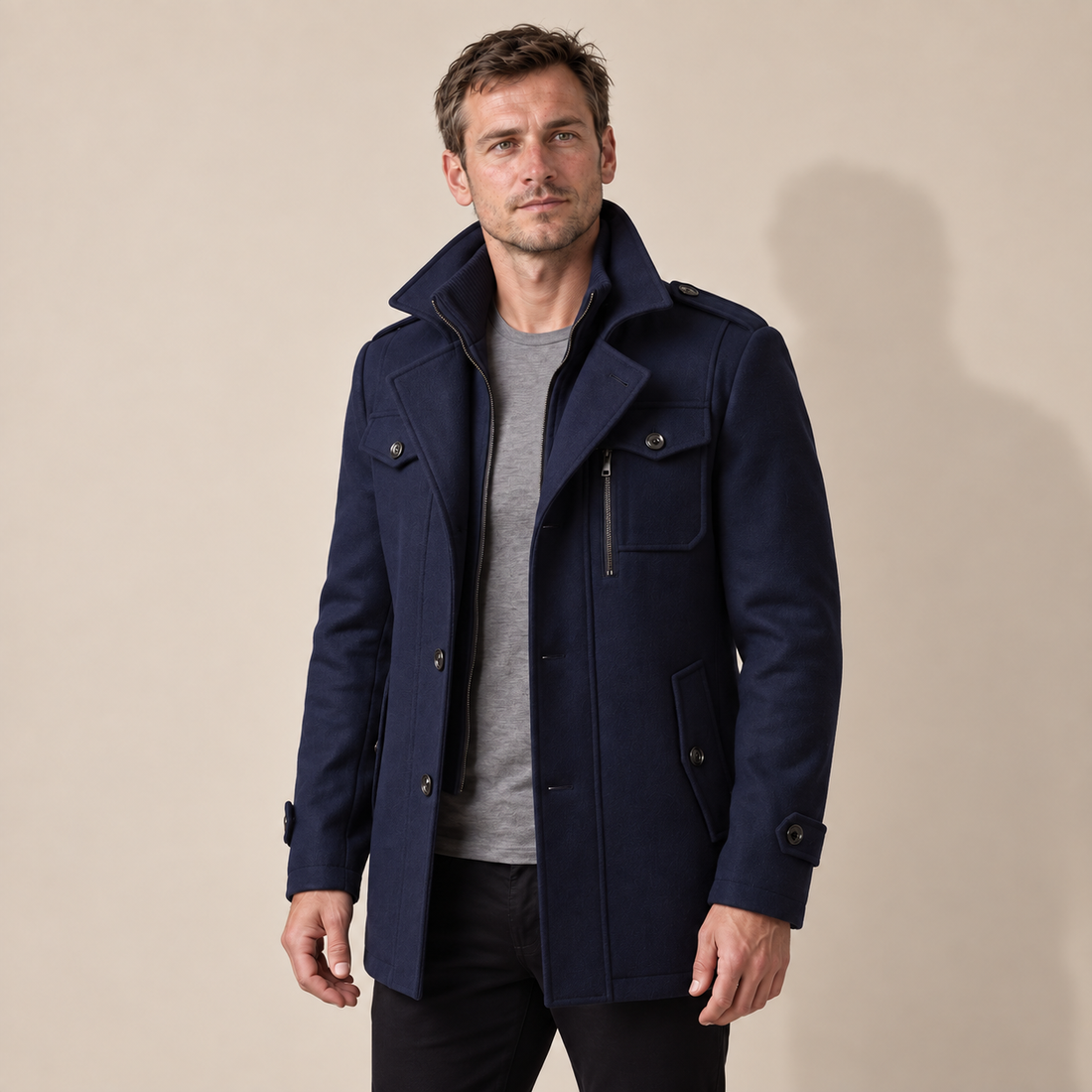 Men's Wool Stand-Collar Overcoat