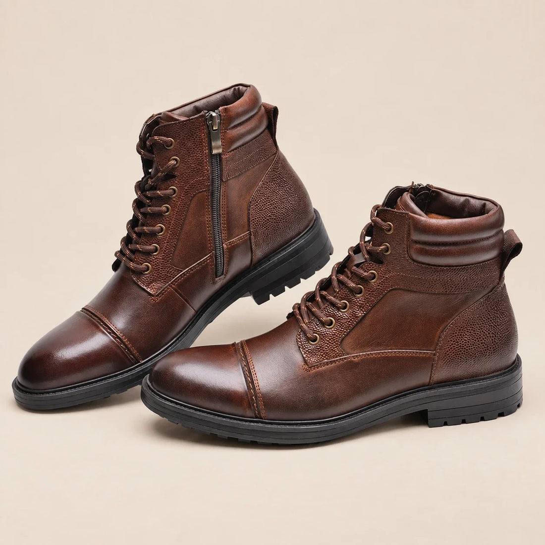 Men's Faux Leather Boots with Side Zip and Laces