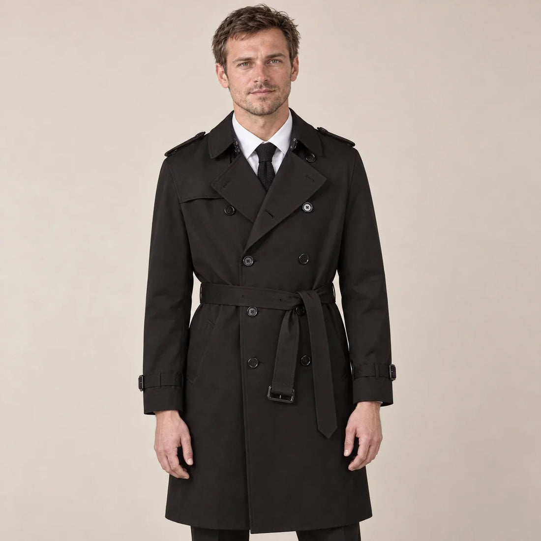 Men's Belted Trench Coat with Double Breasted Front