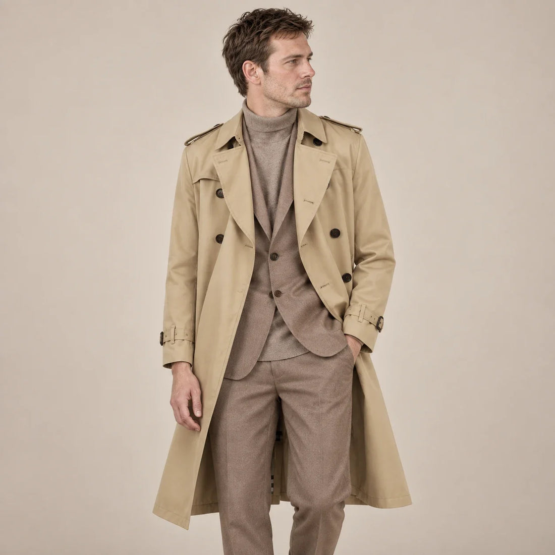 Men's Belted Trench Coat with Double Breasted Front