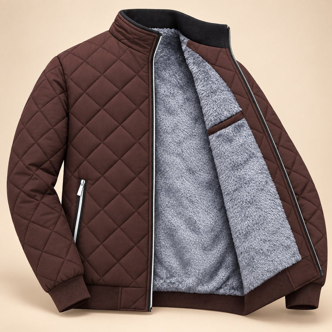 Men's Diamond Quilted Zip-Up Jacket with Stand Collar