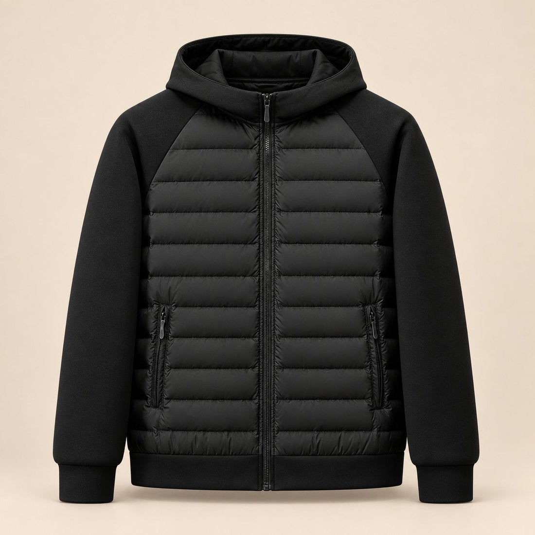 Men's Hooded Down Jacket with Quilted Panels