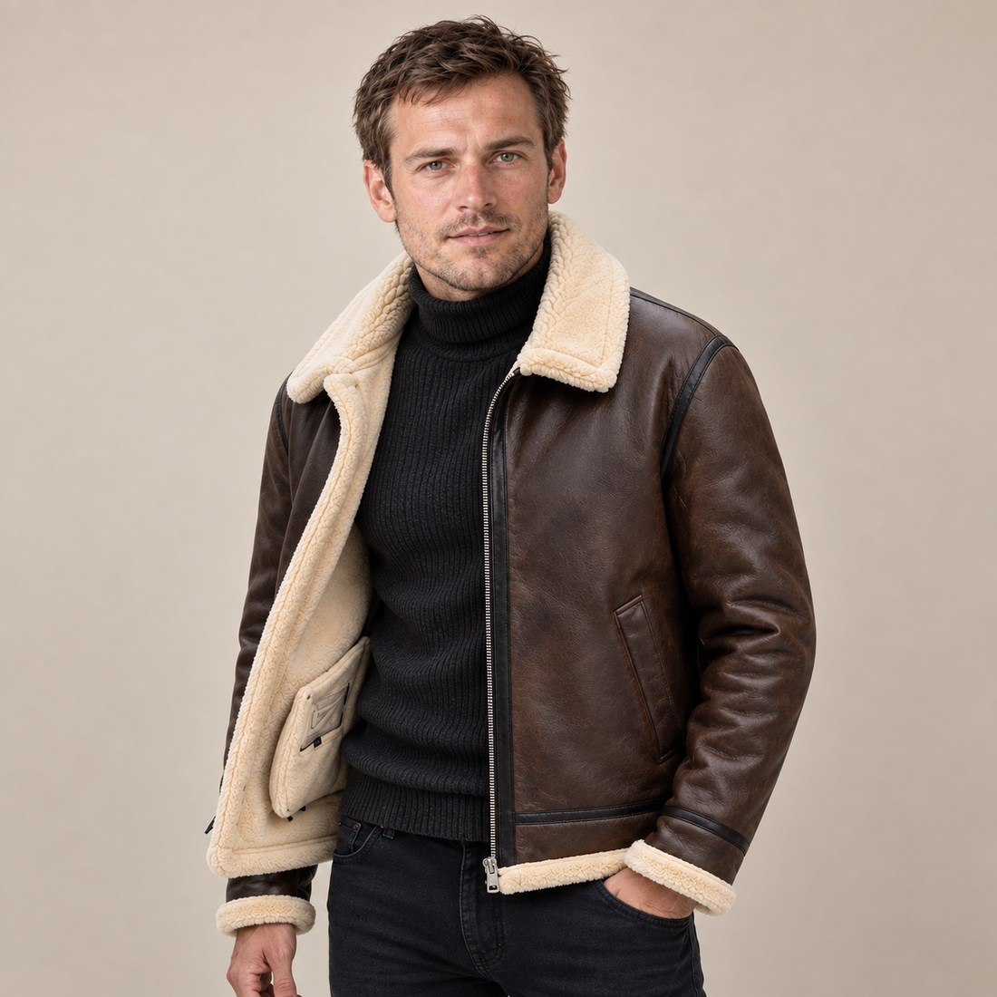 Men's Faux Leather Shearling Aviator Jacket
