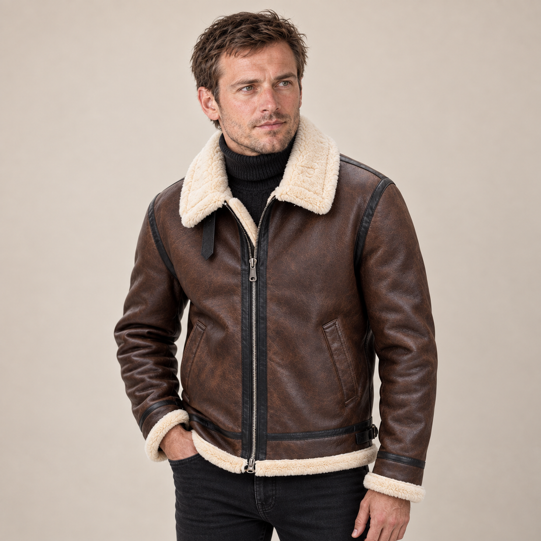 Men's Faux Leather Shearling Aviator Jacket