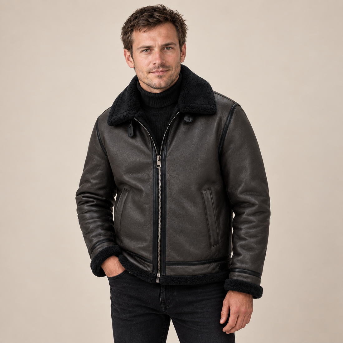 Men's Faux Leather Shearling Aviator Jacket
