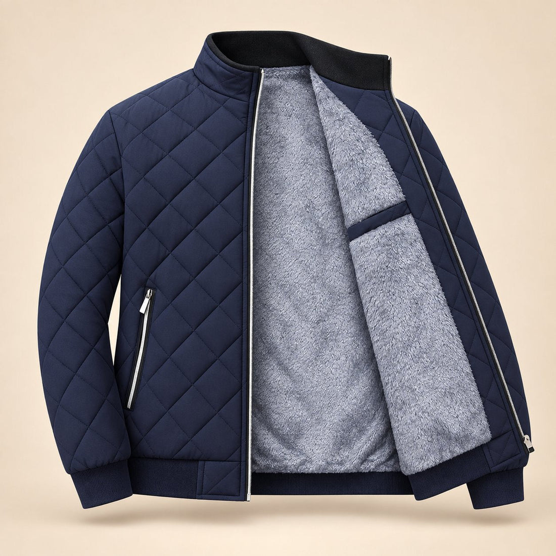 Men's Diamond Quilted Zip-Up Jacket with Stand Collar