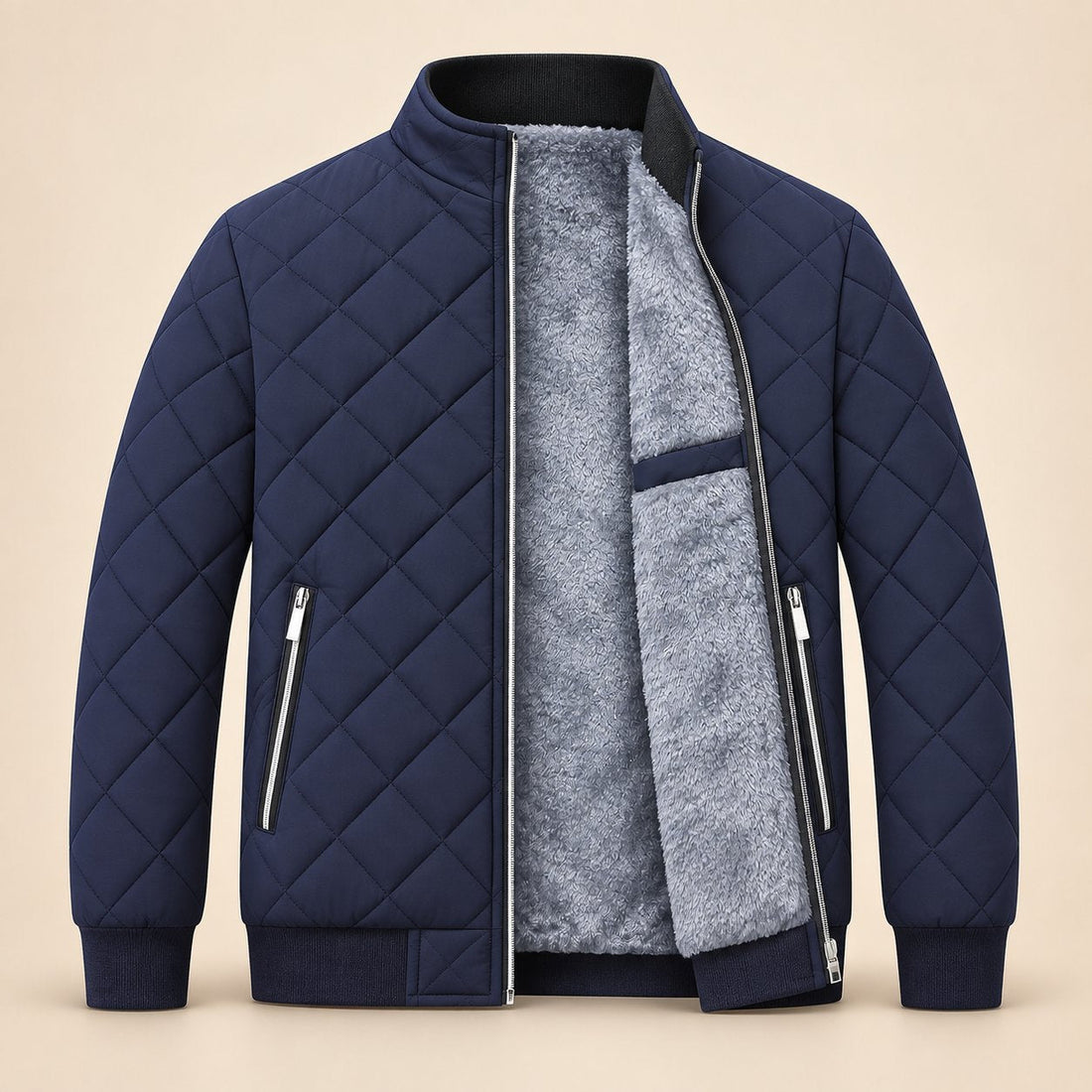 Men's Diamond Quilted Zip-Up Jacket with Stand Collar