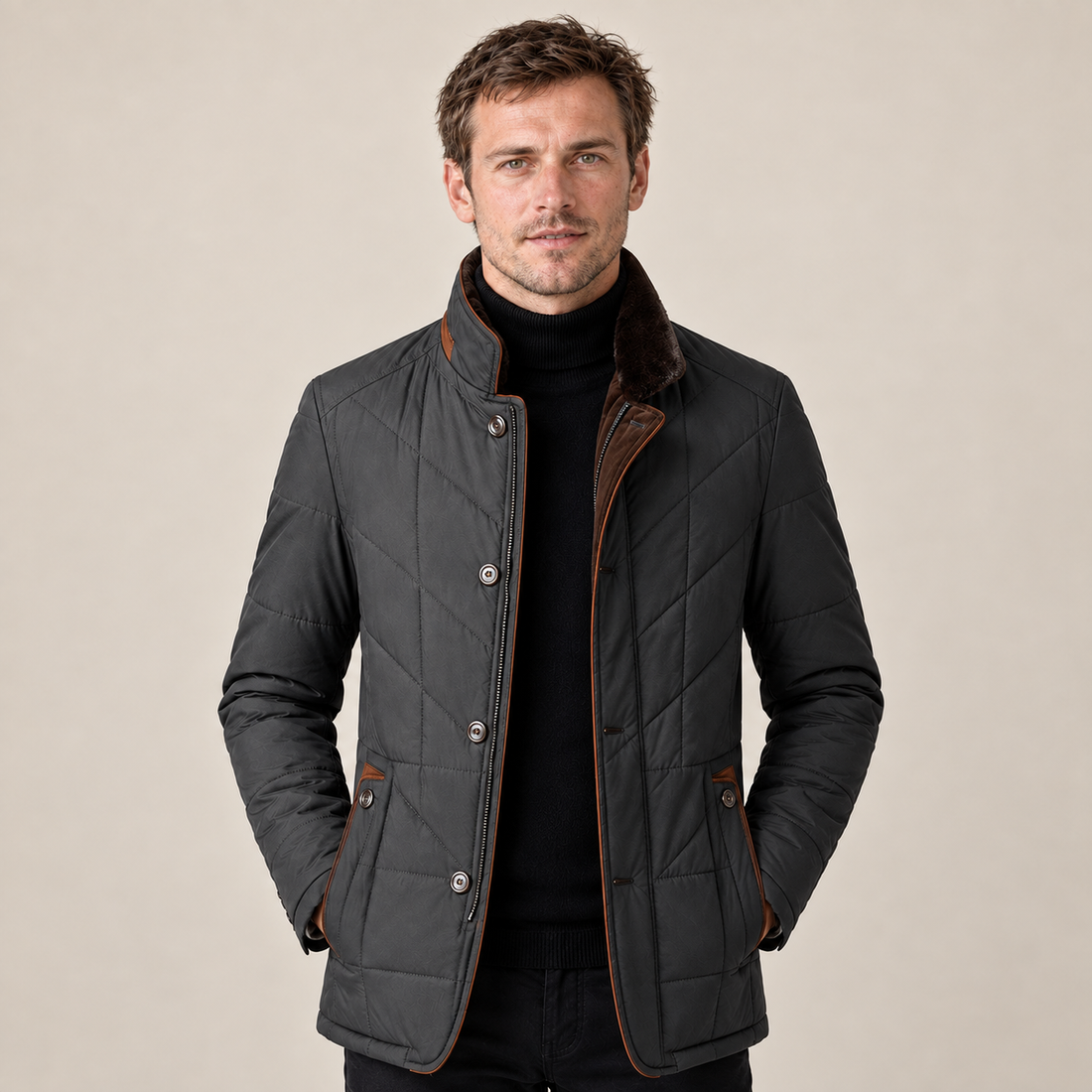 Men's Quilted Jacket Stand Collar Zip Up