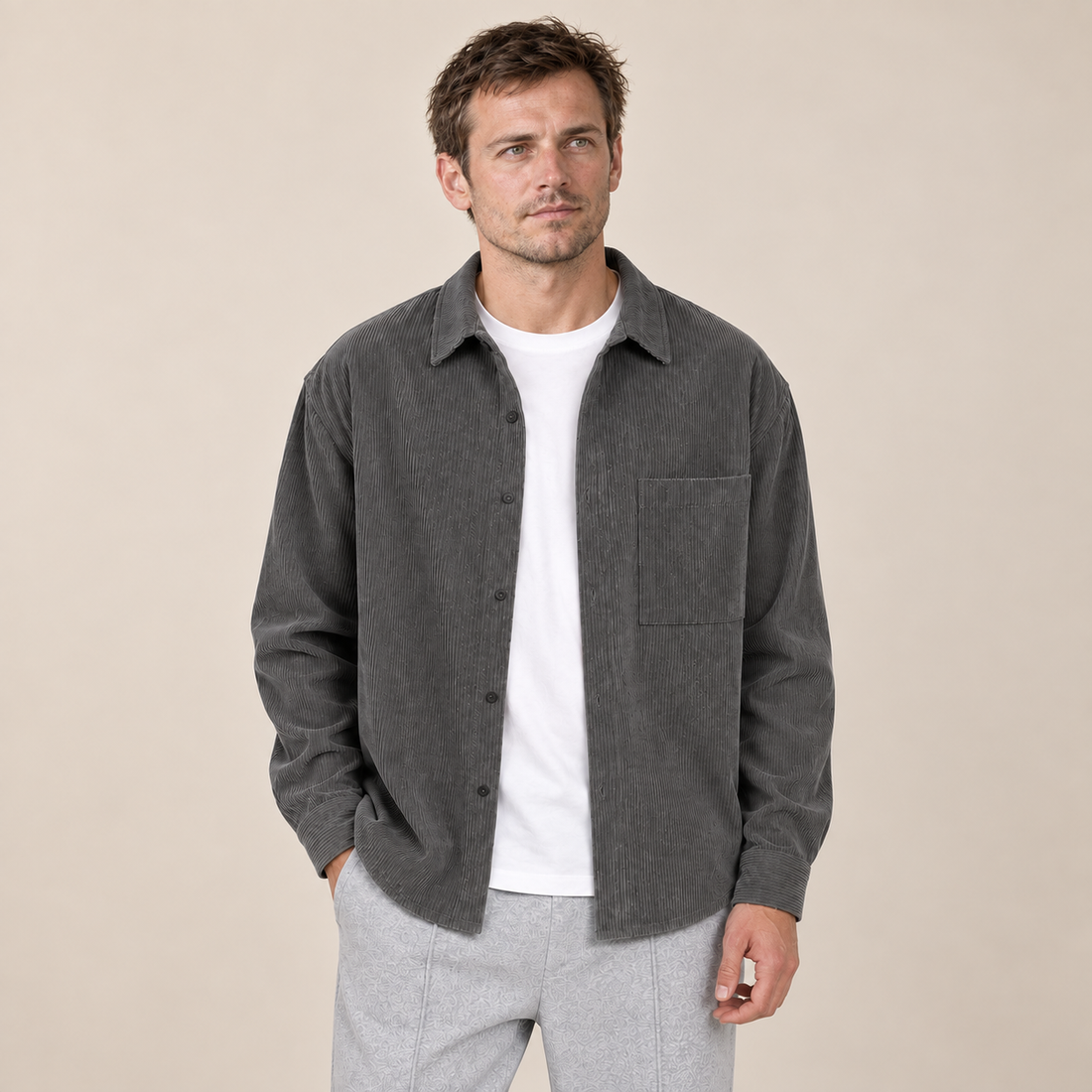 Men's Overshirt Notched Collar Loose Fit