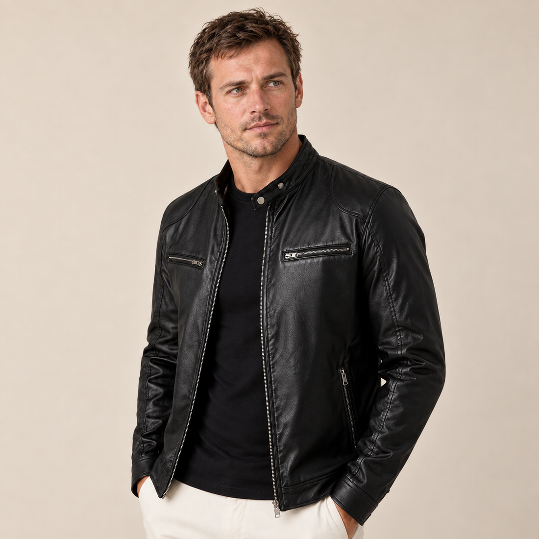 Men's Faux Leather Biker Jacket with Stand Collar