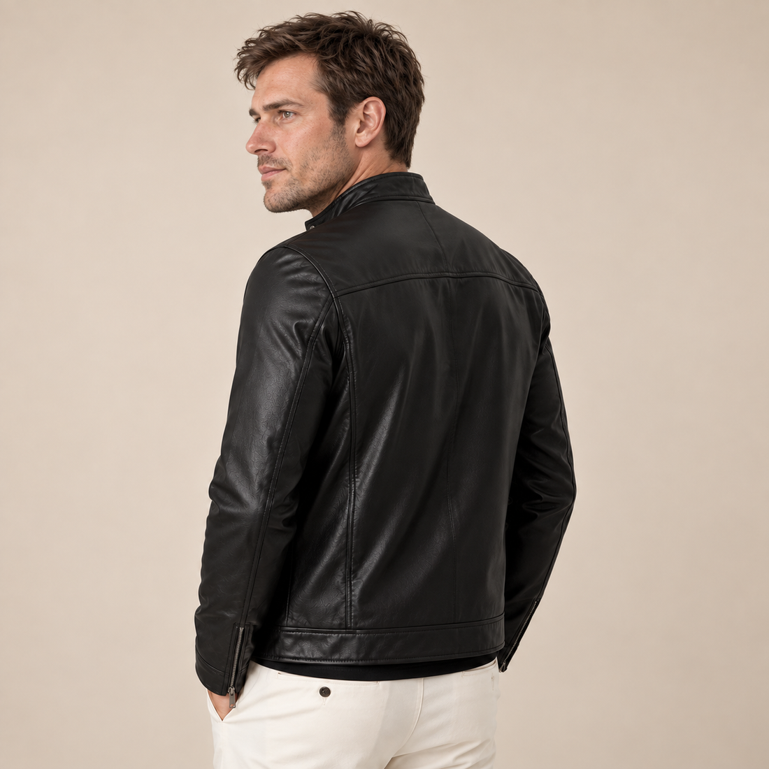Men's Faux Leather Biker Jacket with Stand Collar