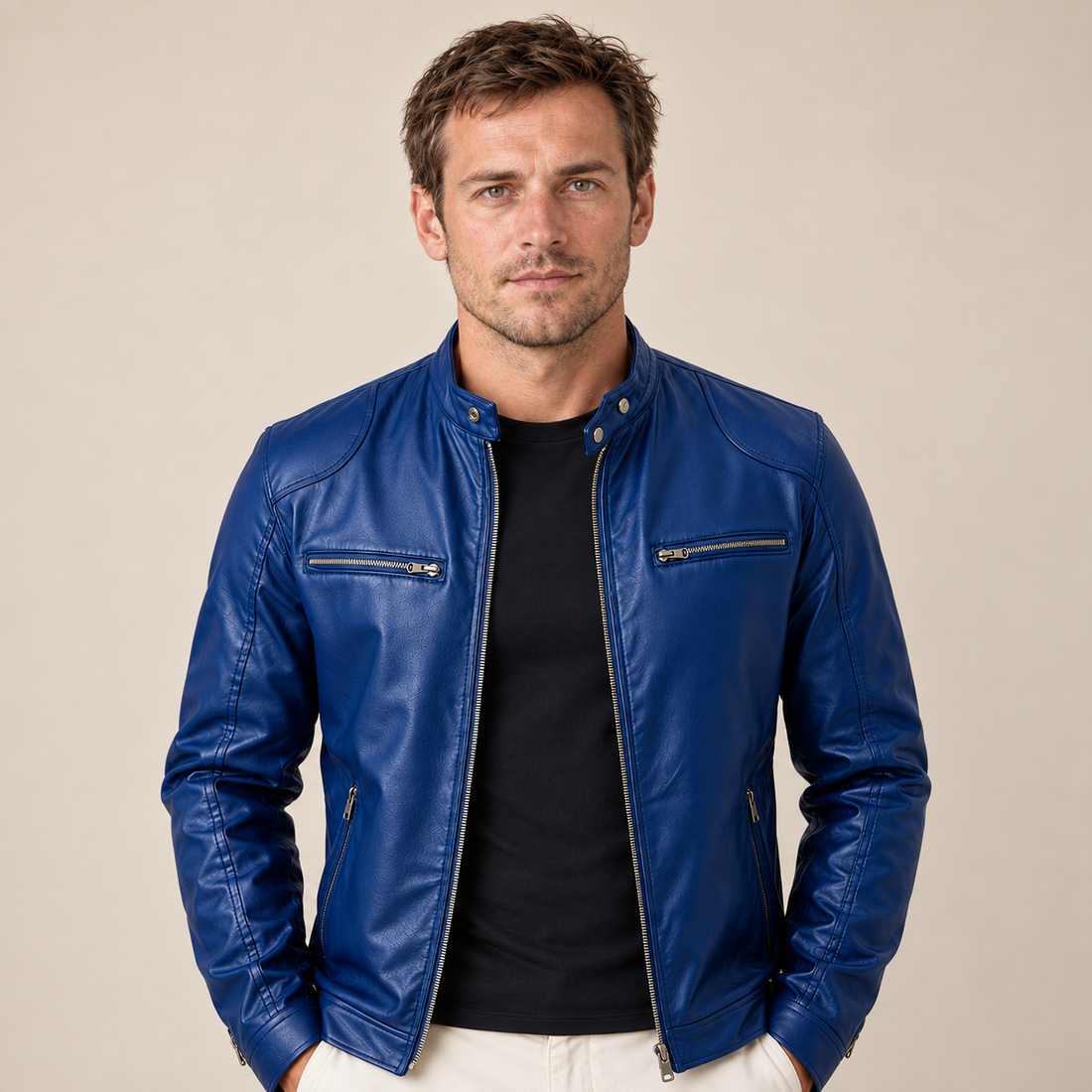 Men's Faux Leather Biker Jacket with Stand Collar