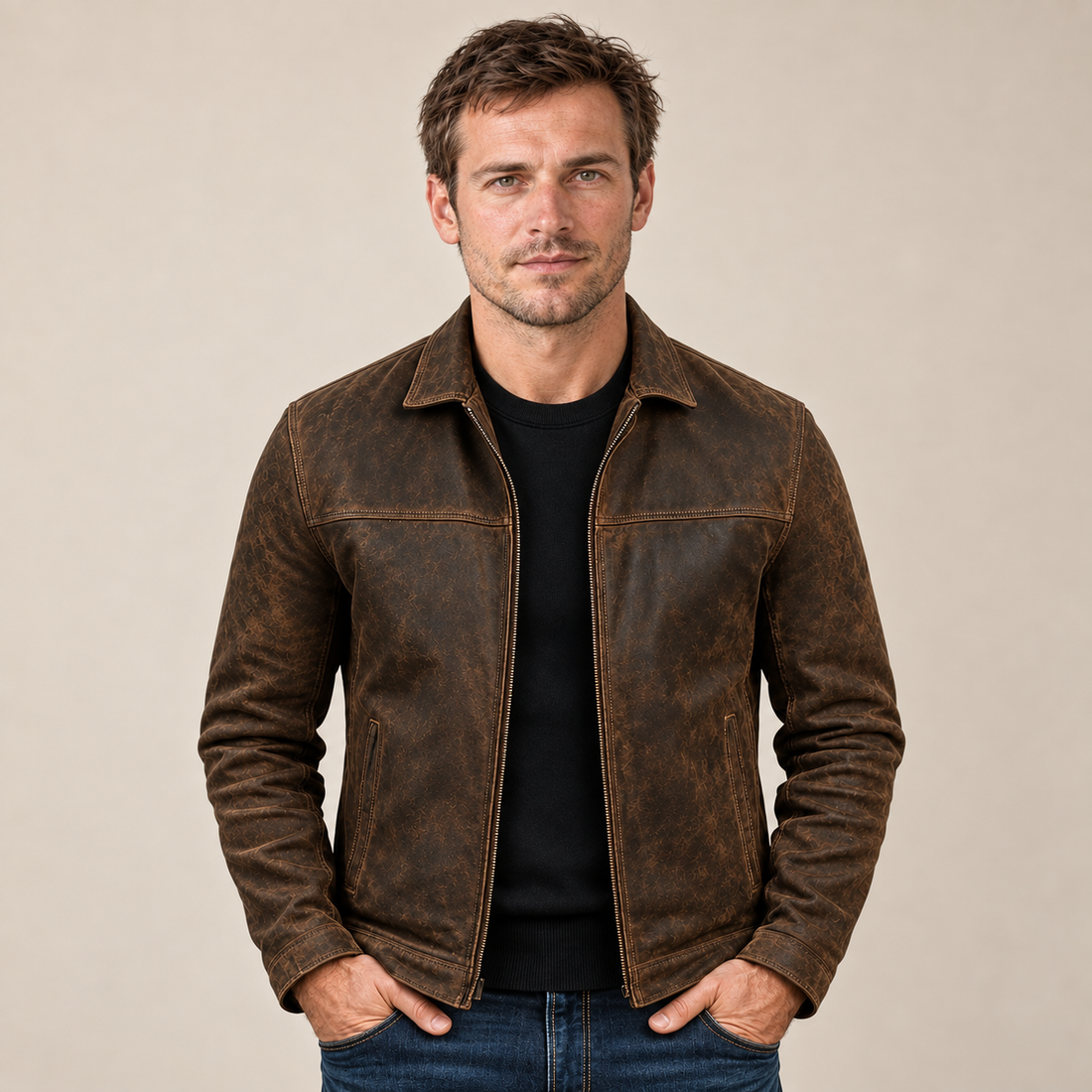 Men's Faux Leather Zip-Up Jacket