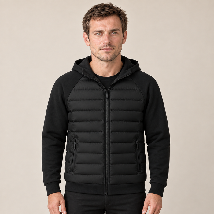 Men's Hooded Down Jacket with Quilted Panels
