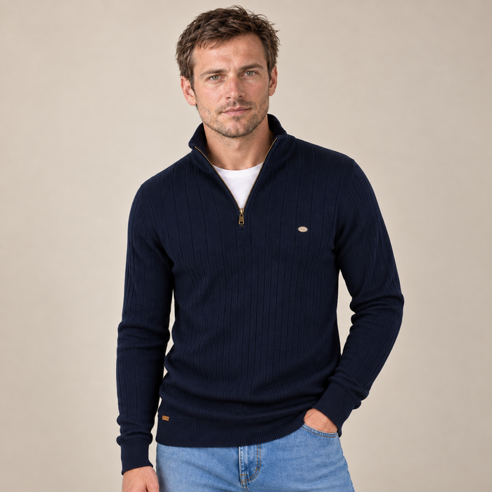 Men's Quarter Zip Jumper Ribbed Funnel Neck
