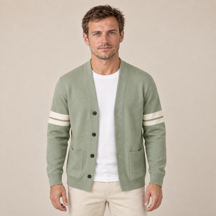 Men's Cardigan with Varsity Sleeve Stripes