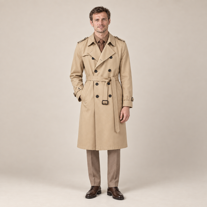 Men's Belted Trench Coat with Double Breasted Front