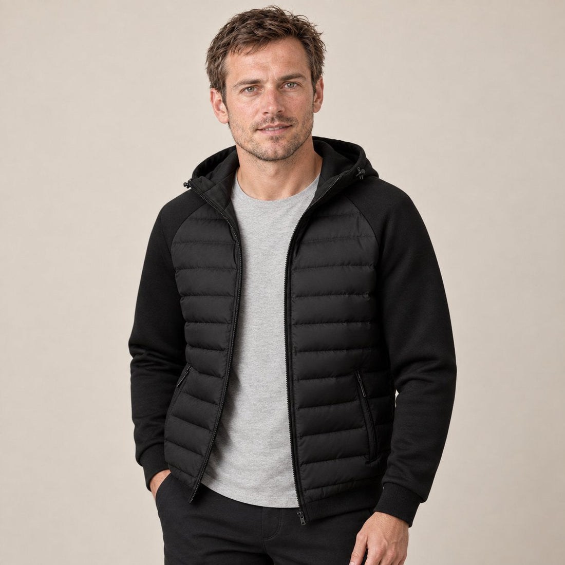Men's Hooded Down Jacket with Quilted Panels