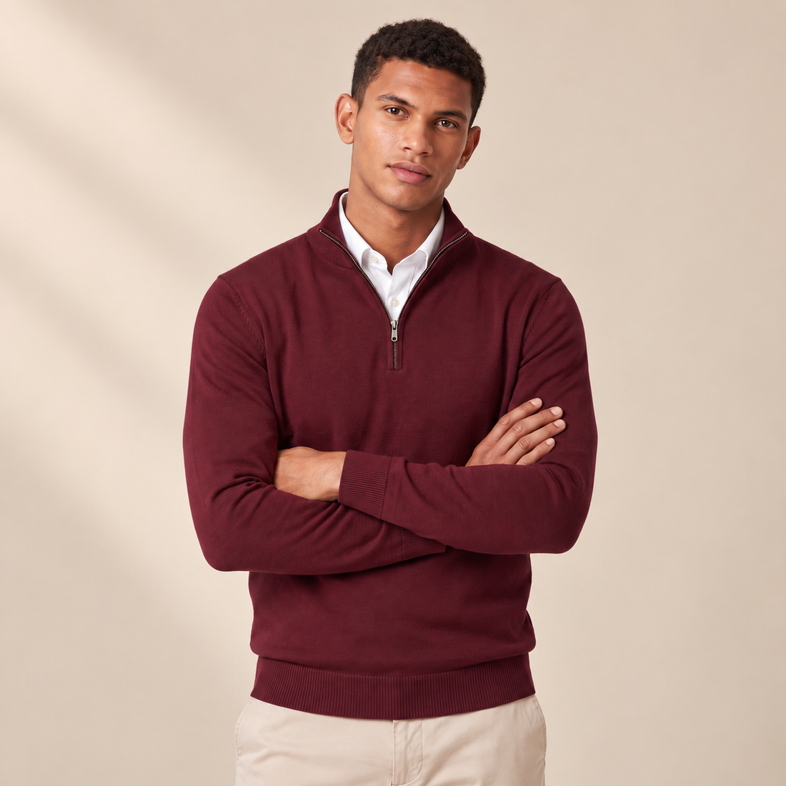 Men's Quarter-Zip Knit Sweater with Stand Collar